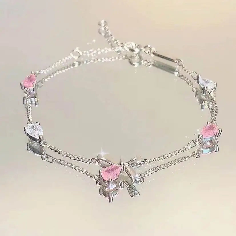 Pink Rhinestone Bow-knot Bracelet Silver Plated Women Elegant Y2K Shiny Flowers Moon Luxury Blossom Bracelet Gift