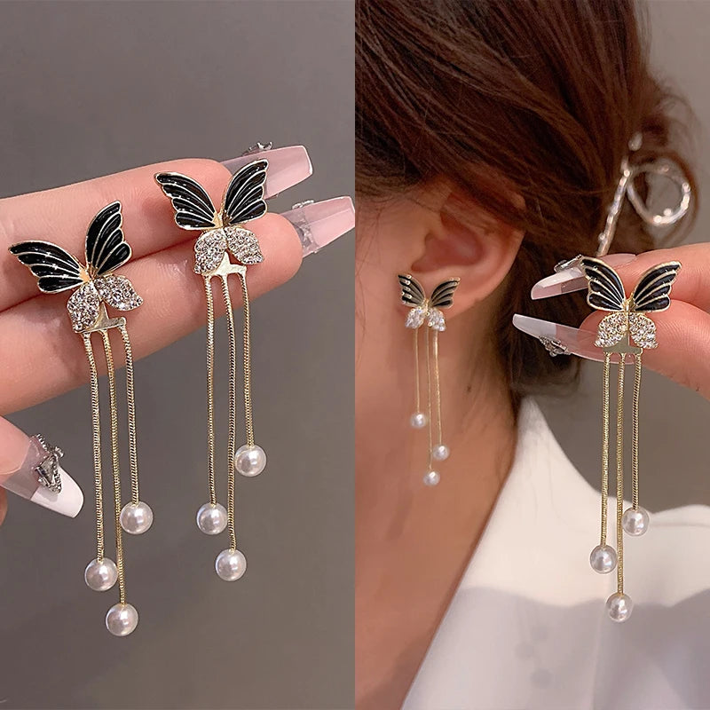 Women French Style Butterfly Tassel Drop Earrings Removable Rhinestone Pearl Long Dangle Korean Fashion Earring