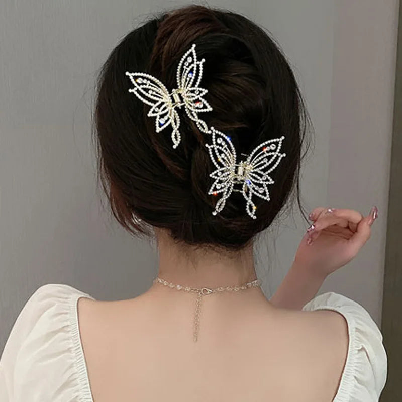 Luxury Butterfly Hair Claw Clip Gold Plated Rhinestone Pearl Hairpin Women Korean Fashion Headwear Hair Accessories