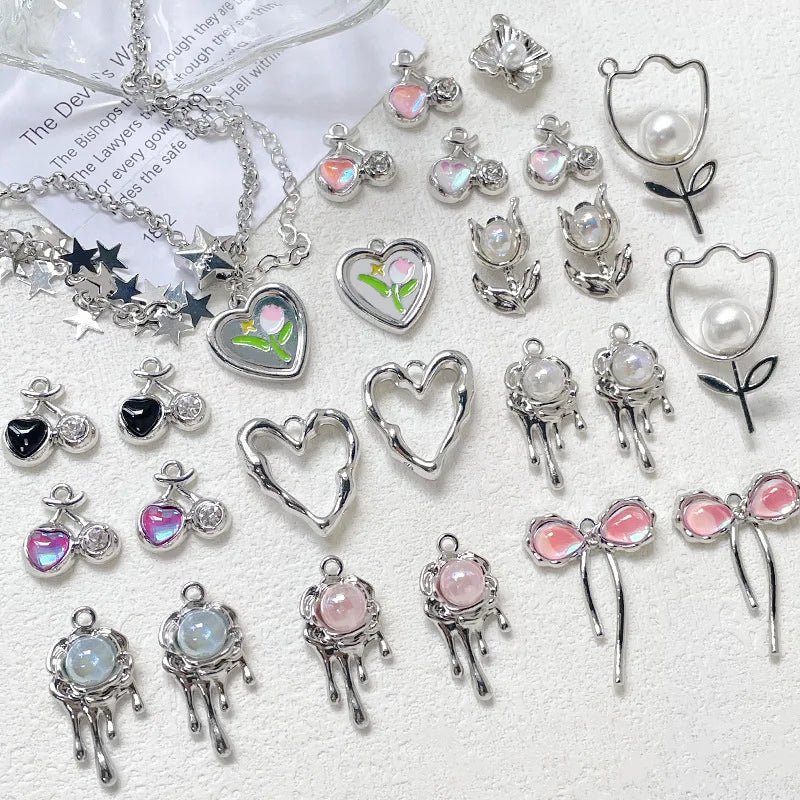 Y2K Sweet Tulip Flower Cherry Heart Pendant Alloy Beads Accessories Handmade DIY Bracelet Necklace Bead Accessory