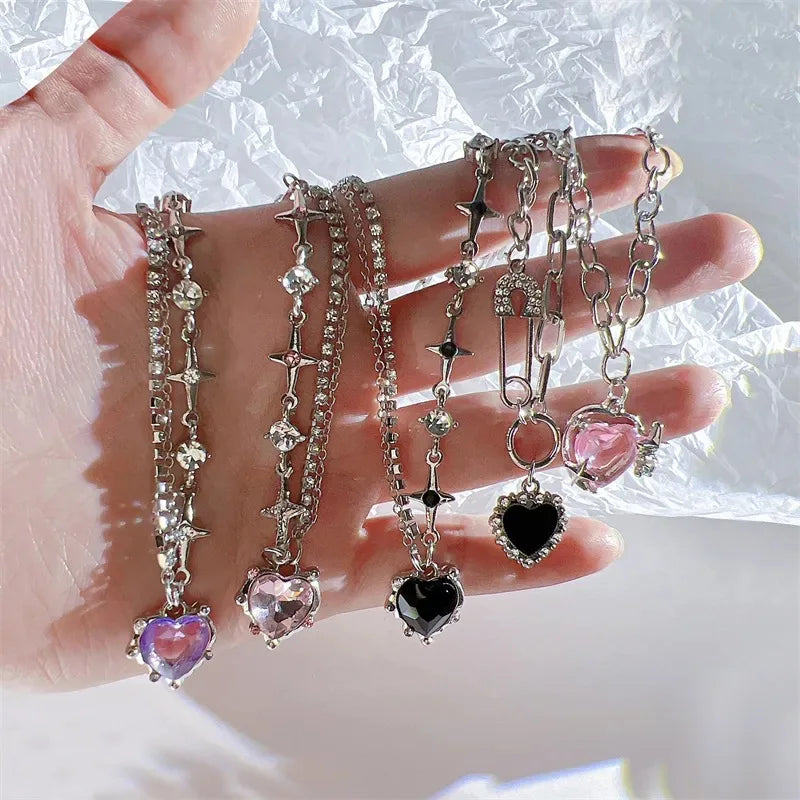 Luxury Y2K Crystal Heart Pendant Necklace Women Sweet Cool Kpop Shiny Clavicle Chain Aesthetic Party Jewelry 2023