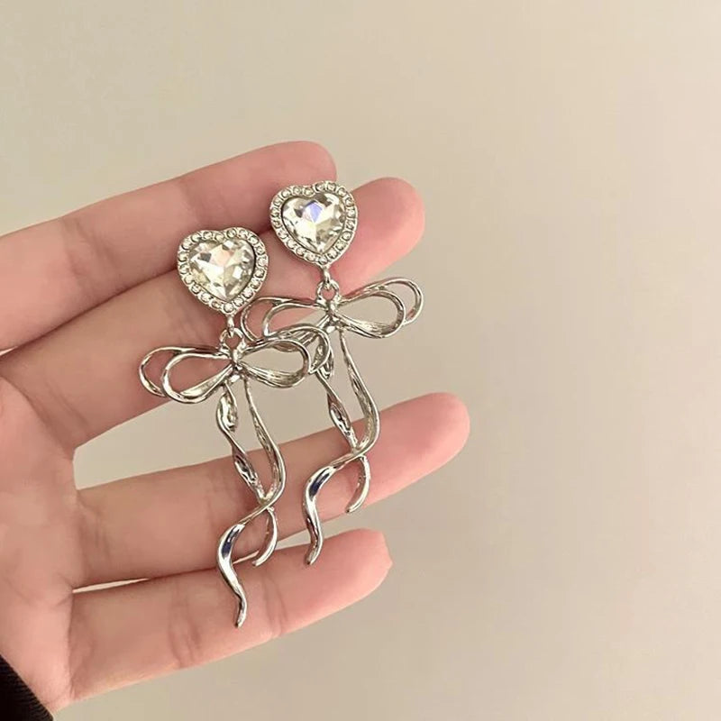 Sweet Heart Rhinestone Butterfly Shape Dangle Earrings for Women Silver Color Korean Fashion Y2K Piercing Earring