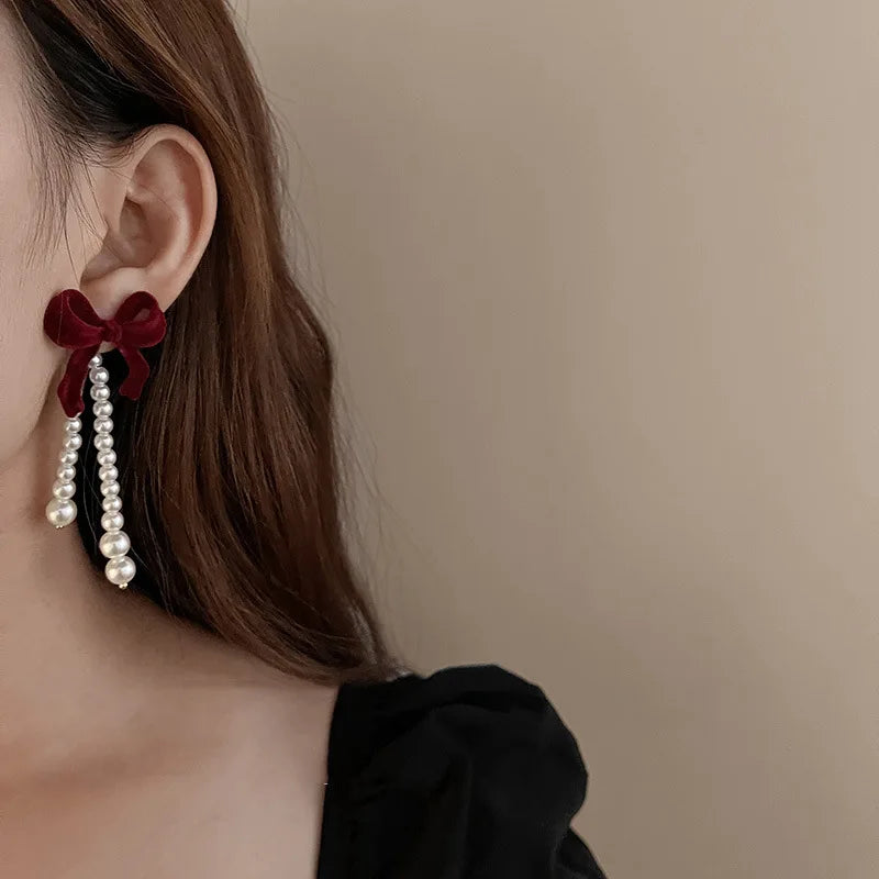 Vintage Winter Red Velvet Bow-knot Pearl Tassel Drop Earrings for Women Korean Fashion Charm Bride Earring Gift