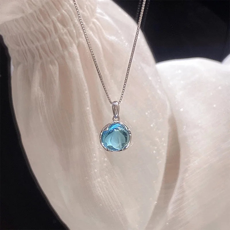 2024 Elegant Transparent Blue Rhinestone INS Pendant Necklace Collar for Women Korean Fashion Sweet Ball Necklace