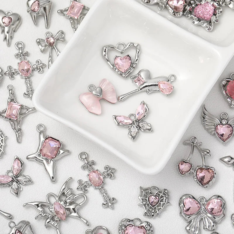 Y2K Sweet Pink Flower Butterfly Heart Bow-knot Pendant Accessories for Jewelry Necklace DIY Making Handmade Beads