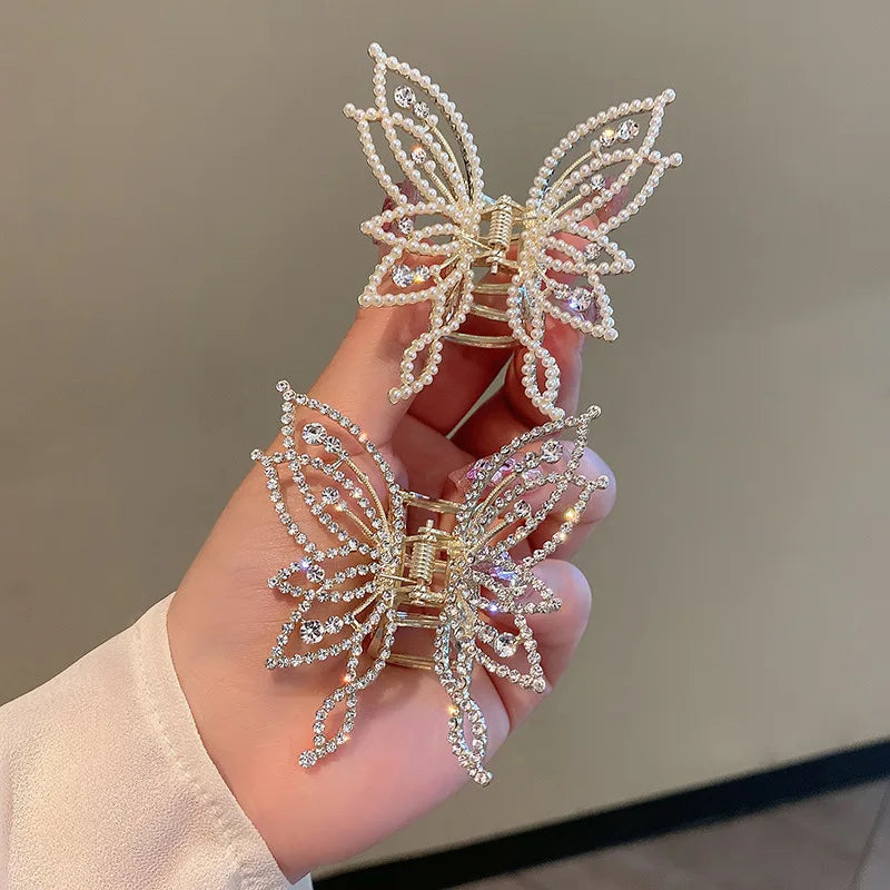 Luxury Butterfly Hair Claw Clip Gold Plated Rhinestone Pearl Hairpin Women Korean Fashion Headwear Hair Accessories