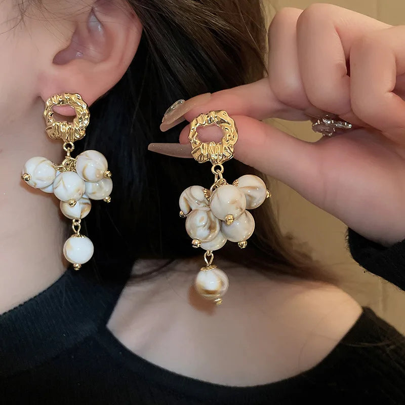 Luxury Women Korean Fashion Red Resin Beads Drop Earrings Girls Exaggerated Metal Vintage INS Dangle Earring Gift