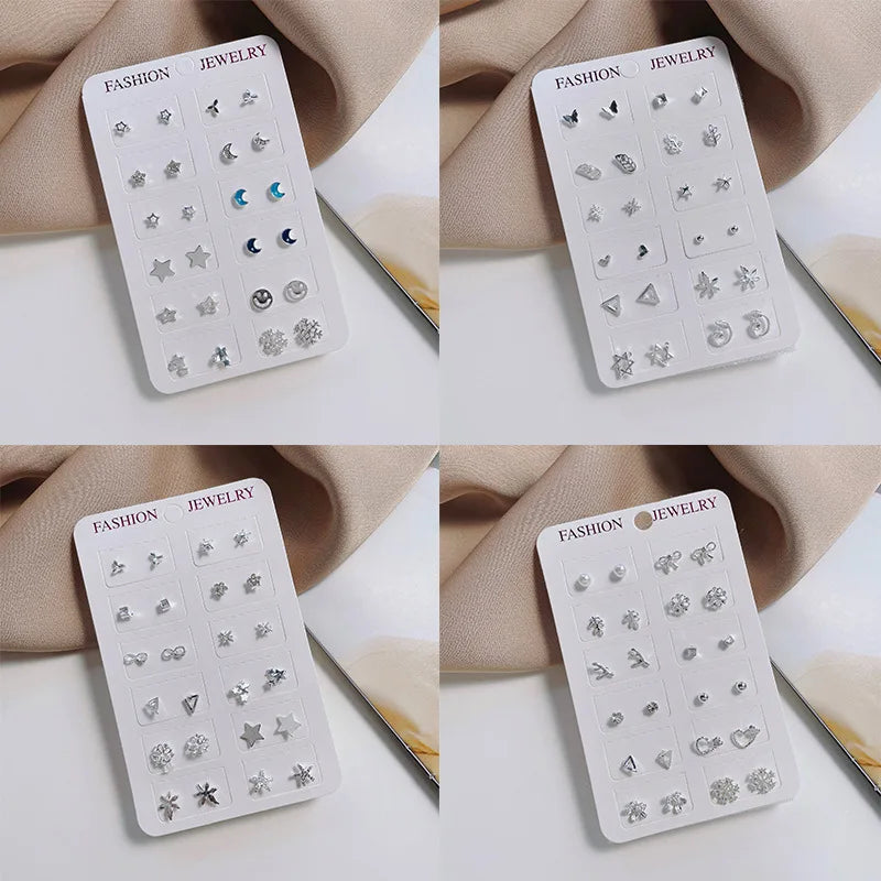 Women Trendy Mini Stud Earrings Set Moon Star Heart Geometric Silver Color Earring Korean Fashion Girls Jewelry Set