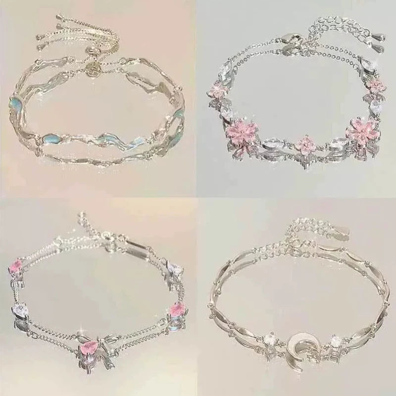 Pink Rhinestone Bow-knot Bracelet Silver Plated Women Elegant Y2K Shiny Flowers Moon Luxury Blossom Bracelet Gift