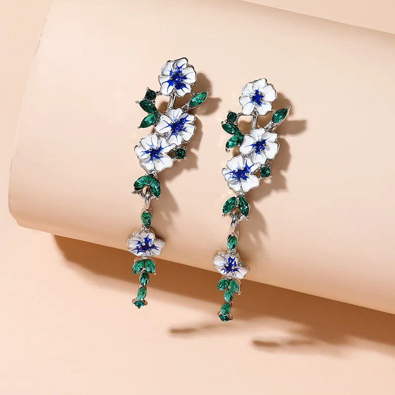 Women Long Pendant Blue Enamel Flower Earrings Korean Fashion Girls Vintage Floral Exquisite Dressing Earring Gift