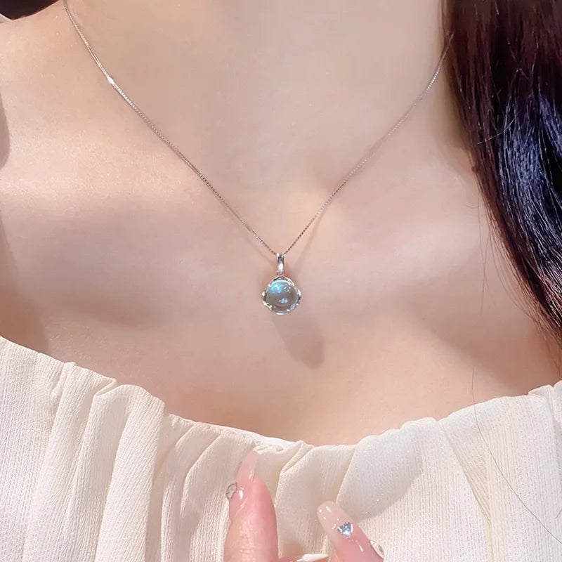 2024 Elegant Transparent Blue Rhinestone INS Pendant Necklace Collar for Women Korean Fashion Sweet Ball Necklace