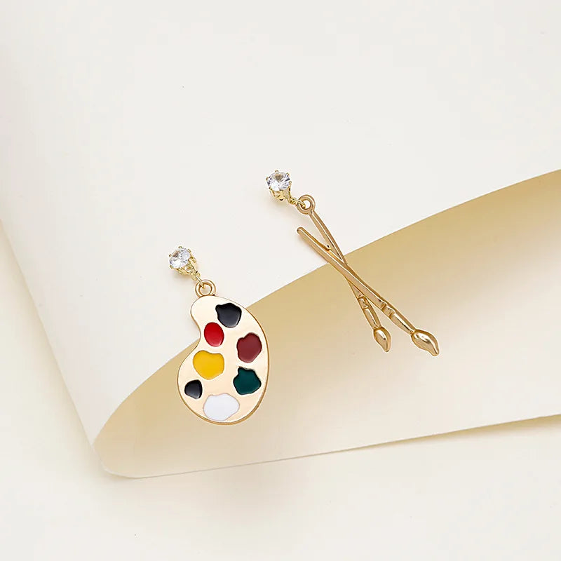 Personalized Fun Paintbrush Art Board Shape Drop Earrings for Women Rhinestone Vintage Asymmetric Artistic Earring