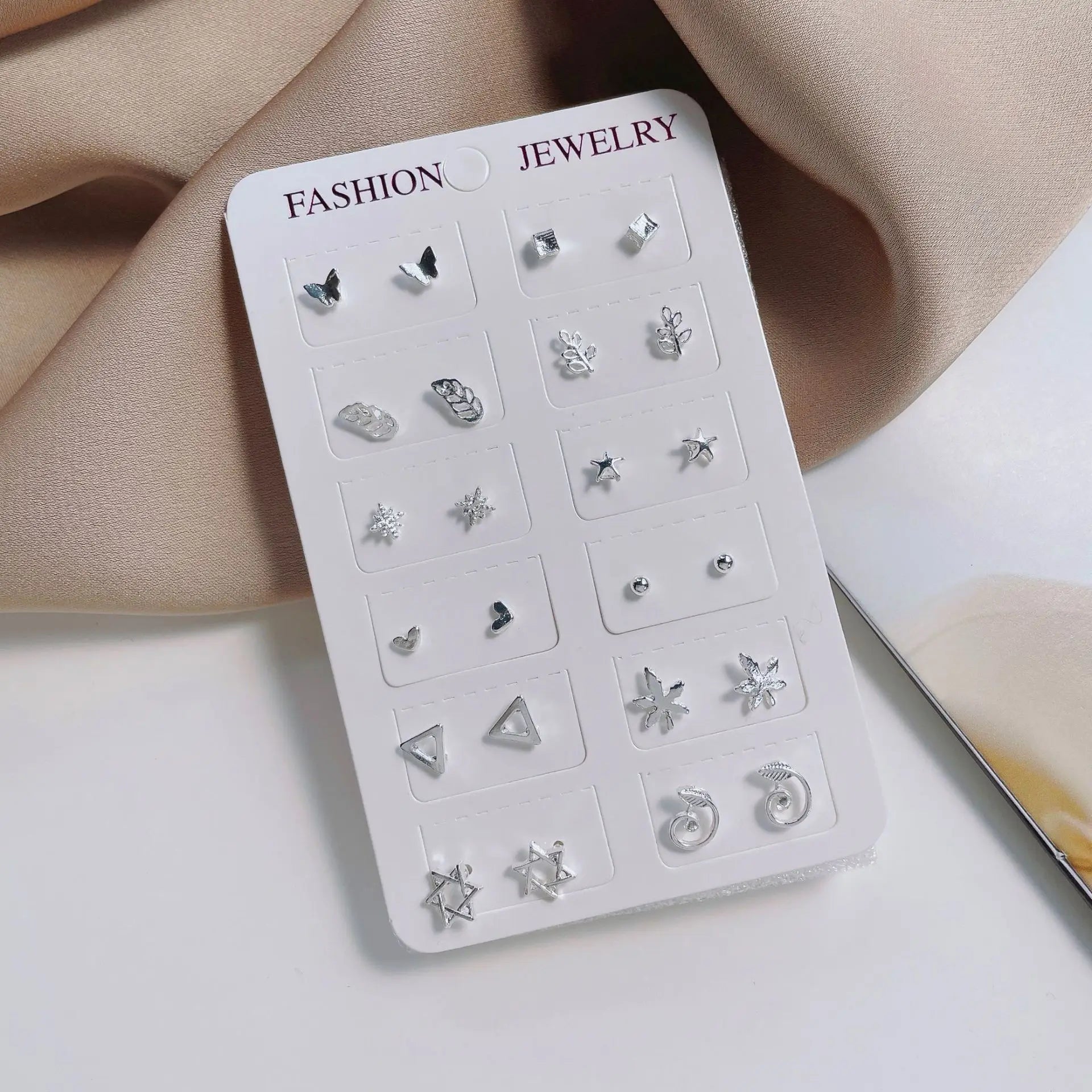 Women Trendy Mini Stud Earrings Set Moon Star Heart Geometric Silver Color Earring Korean Fashion Girls Jewelry Set