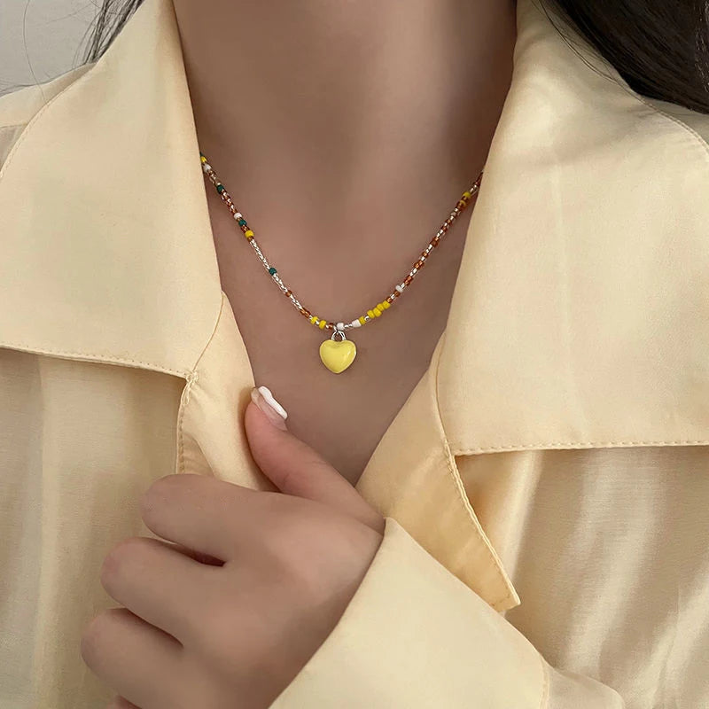 Women Summer Kpop Y2K Heart Pendant Colorful Beaded Necklace Sweet Girls Korean Fashion 2023 Choker Collar Necklace Jewelry Gift