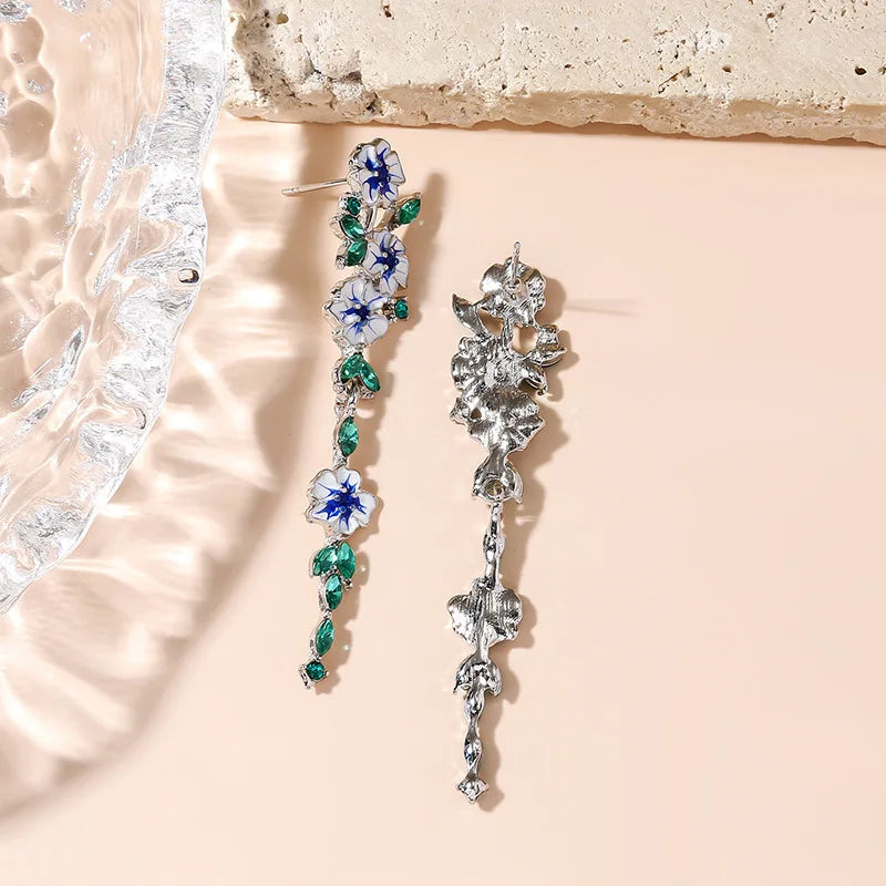 Women Long Pendant Blue Enamel Flower Earrings Korean Fashion Girls Vintage Floral Exquisite Dressing Earring Gift