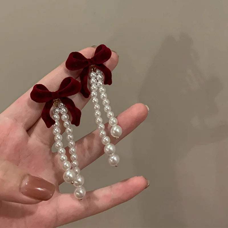 Vintage Winter Red Velvet Bow-knot Pearl Tassel Drop Earrings for Women Korean Fashion Charm Bride Earring Gift