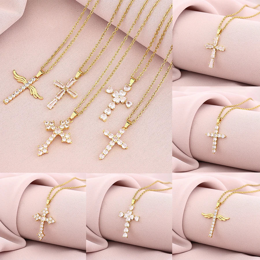 Luxury 5 Styles Cross Pendant Necklace Gold Color for Women Zircon Crystal Wing Cross Necklace Choker Party Gift