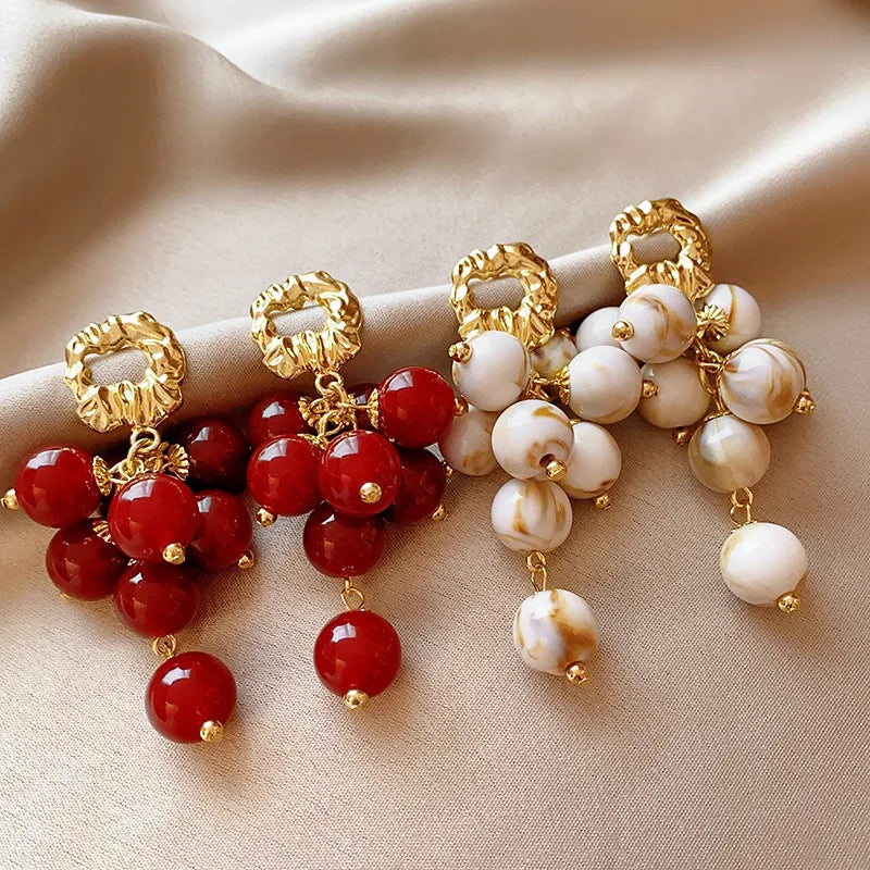 Luxury Women Korean Fashion Red Resin Beads Drop Earrings Girls Exaggerated Metal Vintage INS Dangle Earring Gift
