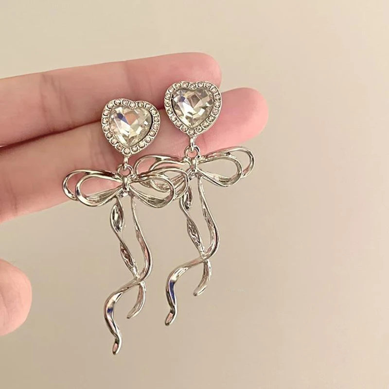 Sweet Heart Rhinestone Butterfly Shape Dangle Earrings for Women Silver Color Korean Fashion Y2K Piercing Earring