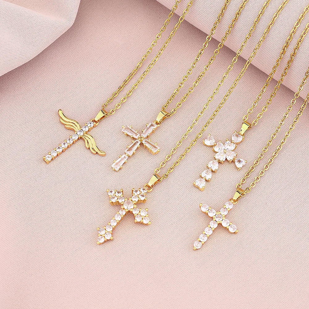 Luxury 5 Styles Cross Pendant Necklace Gold Color for Women Zircon Crystal Wing Cross Necklace Choker Party Gift
