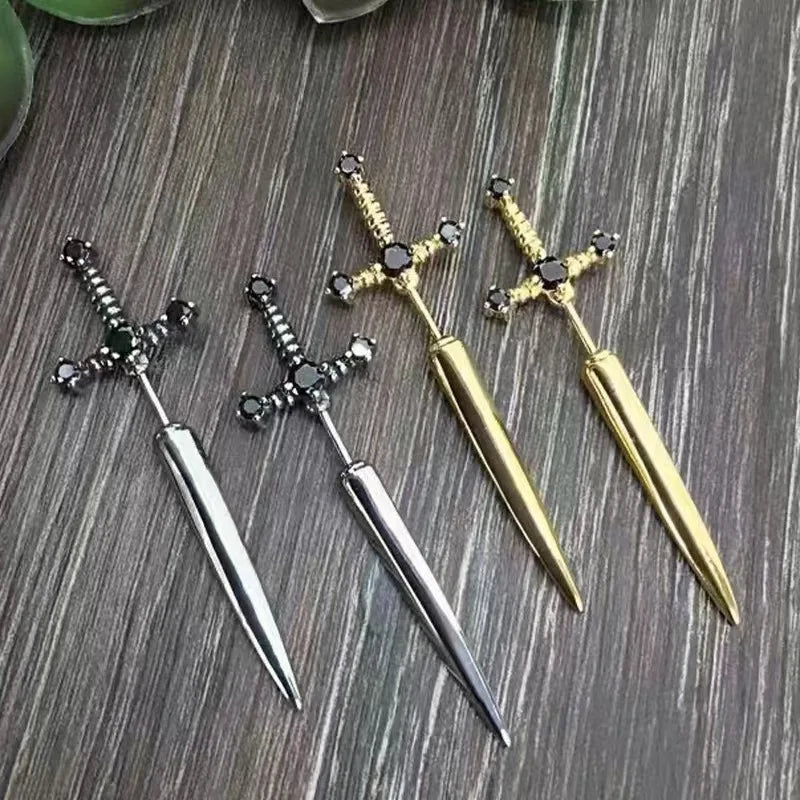 Punk Sword Gothic Kinitial Piercing Earrings for Women Men Goth Crystal Ear Jacket Dagger Stud Earrings Jewelry