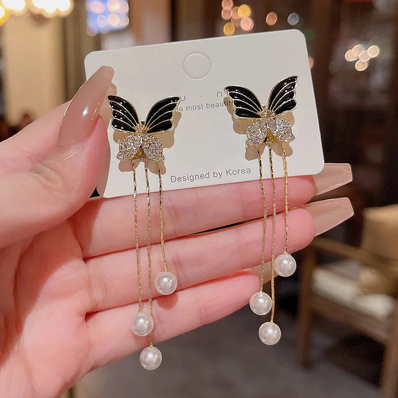 Women French Style Butterfly Tassel Drop Earrings Removable Rhinestone Pearl Long Dangle Korean Fashion Earring